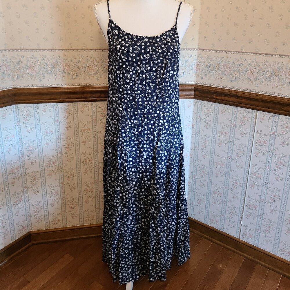 MAGGIE LAWRENCE VTG FLOWY SUNDRESS- NAVY BLUE- WITH WHITE FLORAL- SZ14/16